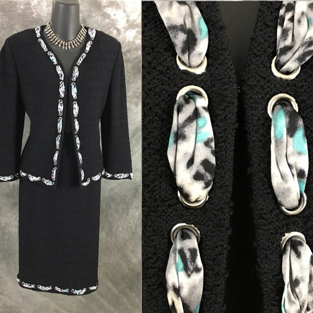 St. John Black Bouclé Skirt Set with Teal & White Trim